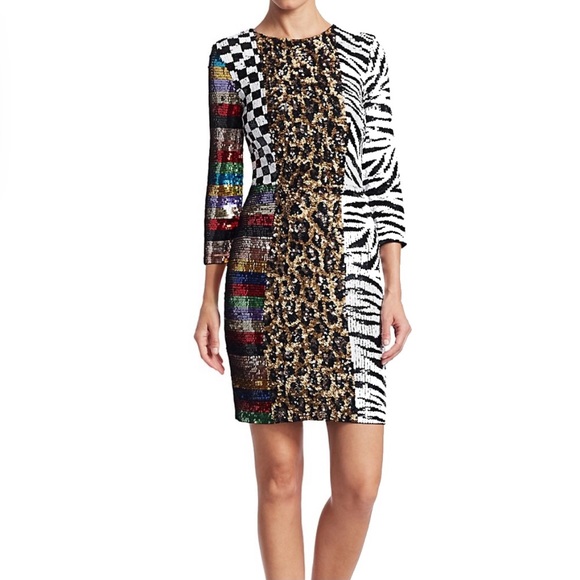 NWT: ALICE + OLIVIA | Jae Sequin Patchwork Sheath Dress - Picture 4 of 13